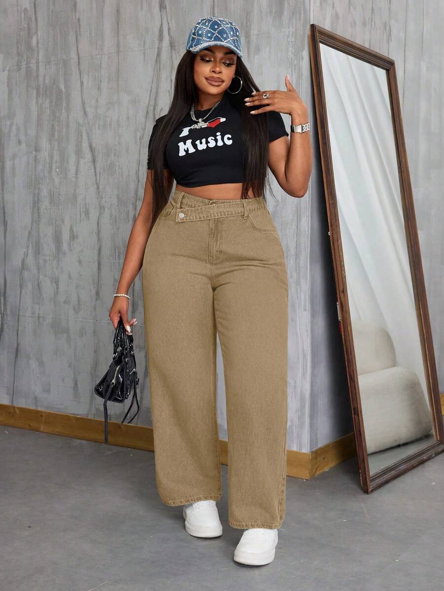 SHEIN SXY Quần jean thời trang thường ngày không co giãn phong cách cao bồi cỡ lớn cá tính, Thánh Patrick - Màu Khaki - Xem 1