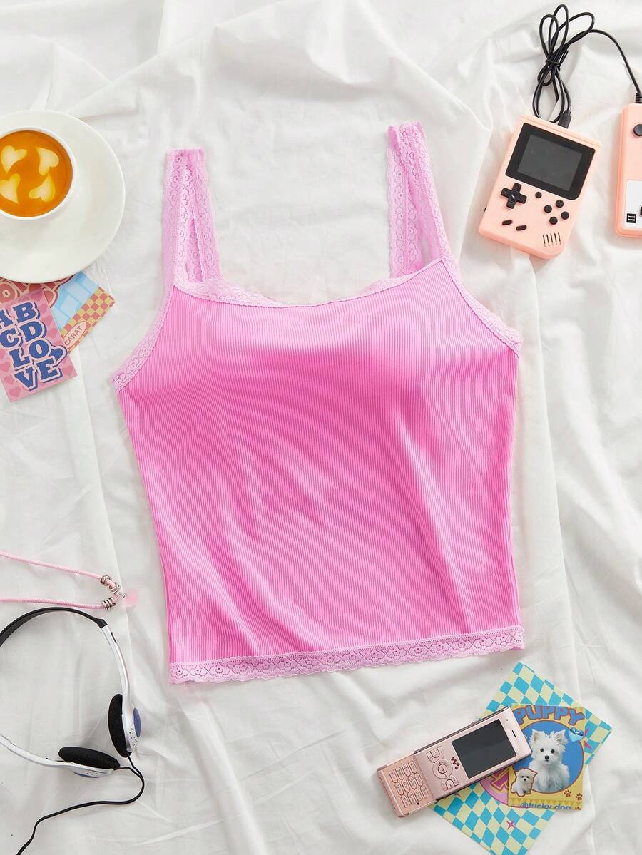 Eraneu Women's Fashionable Lace Patchwork Solid Color Camisole - Pink - View 1