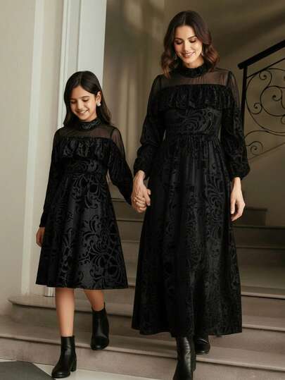 SHEIN 1pc Girls' Elegant Mesh & Velvet Patchwork Dress, Spring/Autumn