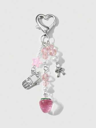 Kawaii 1 pieza Lindo y elegante llavero/accesorio versátil con colgante de resina con perla, cristal, estrella, lazo, y fresa, ideal para uso diario y como regalo de vacaciones para niñas y mujeres