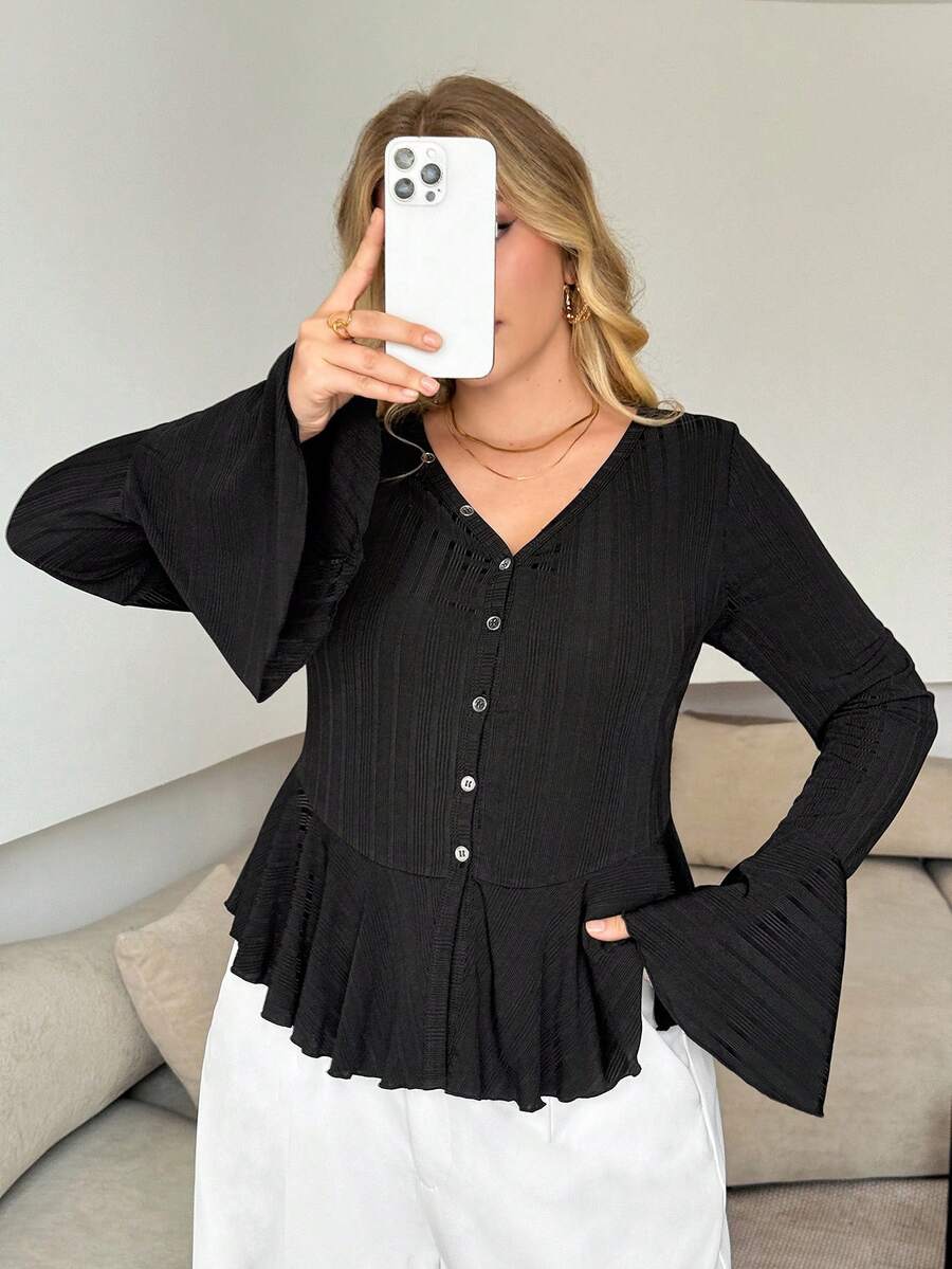 Modelyn Women's V-Neck Flare Sleeve Fashion Elegant Ruffle Trim Fitted Plus Size T-Shirt - Black - View 1