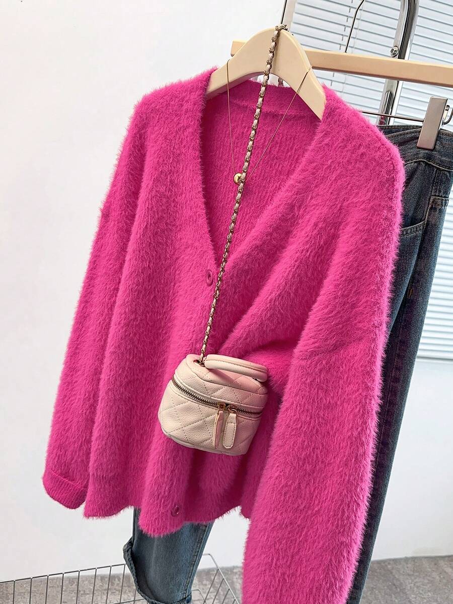 EMERY ROSE Cárdigan de punto casual de manga larga con caída de hombros y unicolor de piel de visón para mujer de talla grande - Rosa Fucsia - Ver 1