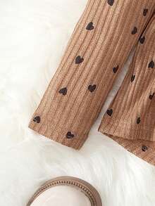 Elladie kids مجموعة تي شيرت بأكمام طويلة وطباعة قلوب وتنورة ليغنز للبنات الصغيرات، موسم الربيع/الخريف، 2 قطعة - كاكي - مشاهدة 5