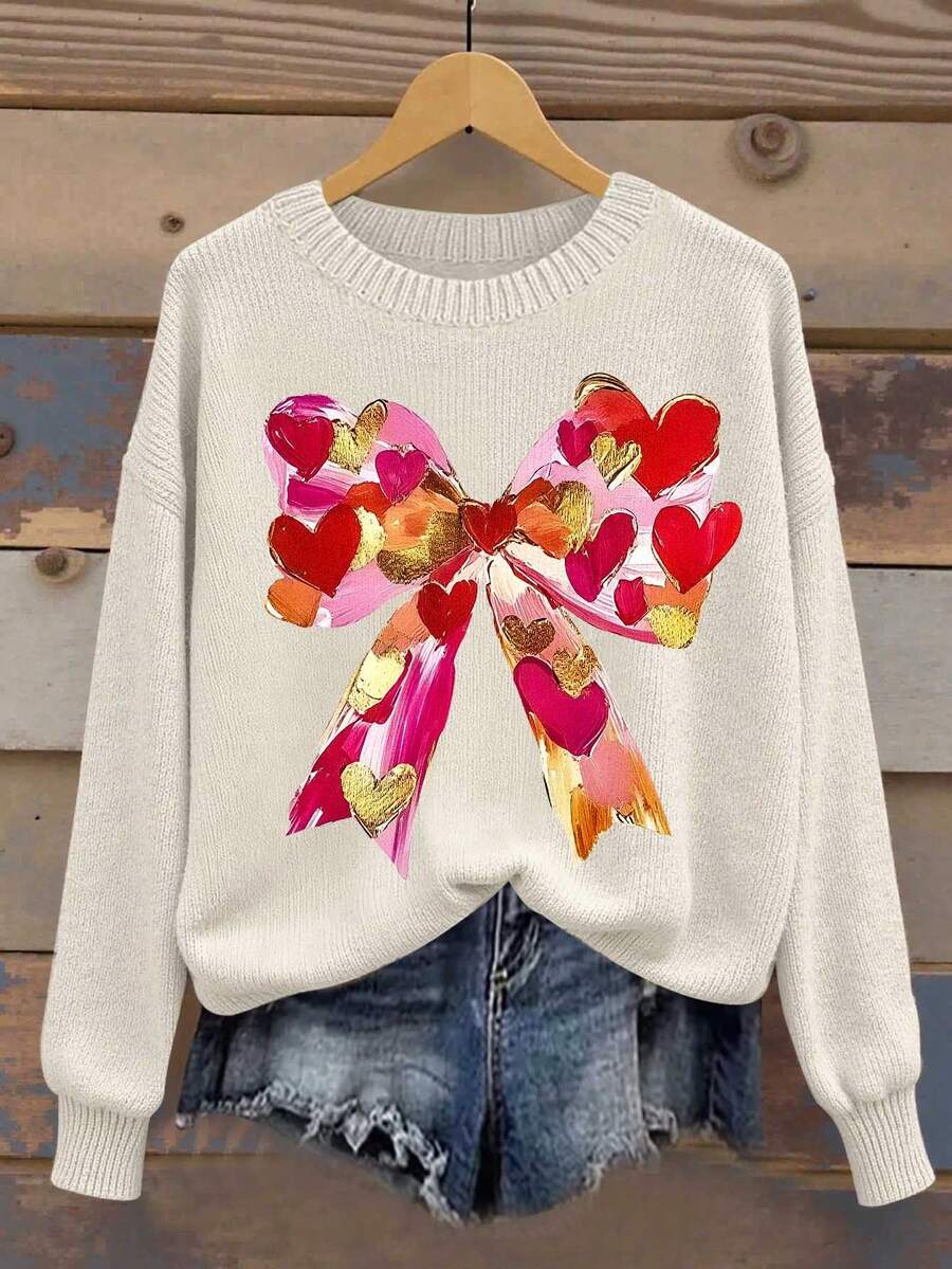 SHEIN LUNE Women's Soft Round Neck Knit Sweater With Colorful Bowknot Pattern, Comfortable Long Sleeve Casual Top Suitable For Daily Wear - Apricot - View 1