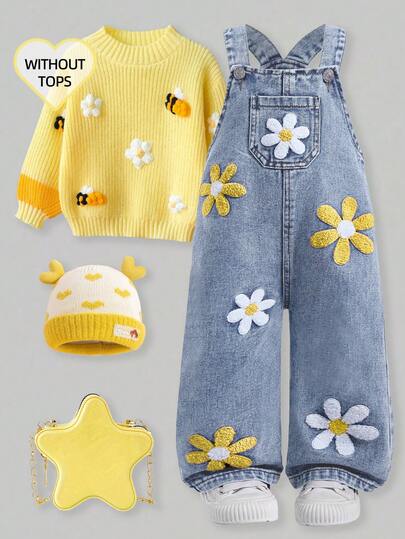 SHEIN Peto de mezclilla lavada para niñas bebé, mono holgado con estampado floral