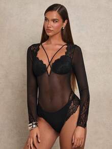 Glamine French-Style Sexy, Romantic, Elegant, Stretchy Eyelash Lace Trim, Stretchy Sheer Soft Mesh, Underwire Sweetheart Neck/Diamond Neck, Cross Front V-Neck Sweetheart Front, Spring/Summer/Autumn Long-Sleeved Women's Bodysuit - Black - View 2