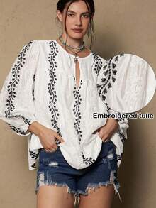 Freevana Plus Size Boho Floral Embroidery White Top Vintage Country - White - View 3