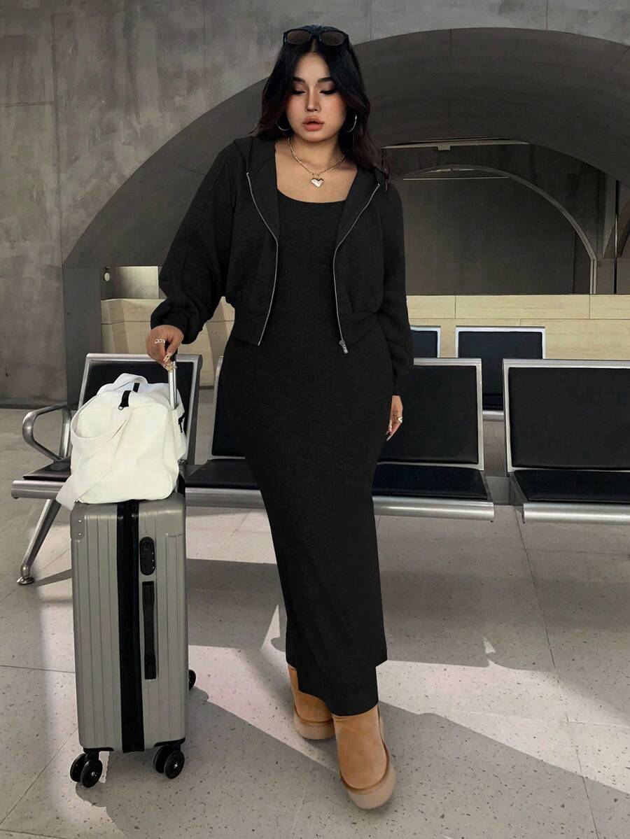 SHEIN EZwear 两件套加大码纯色落肩拉链连帽衫和吊带连衣裙,休闲款 - 黑色 - 查看 1