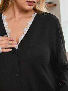 Doze Lane 大码女式撞色蕾丝法式纽扣休闲家居服睡衣套装，冬季服装 - 黑色 - 查看 4