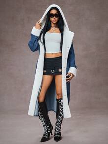 Jeanoix 女式秋冬拼布羊羔绒落肩单排扣休闲连帽牛仔夹克 - 藍色 - 查看 2