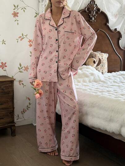 Bubble Crinkle Ditsy Bloemen Long Sleeve Pants Women Pajama Set