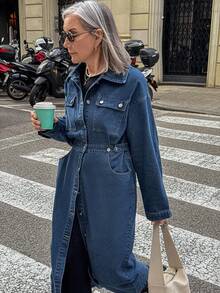 Vivie Lora Women's Loose Waist Cinched Denim Dress - Blue - View 5