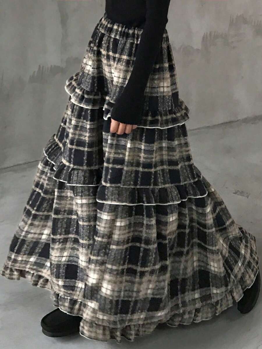 FRIFUL 女士弹力腰格子层叠荷叶边下摆休闲半身裙 - 彩色 - 查看 1