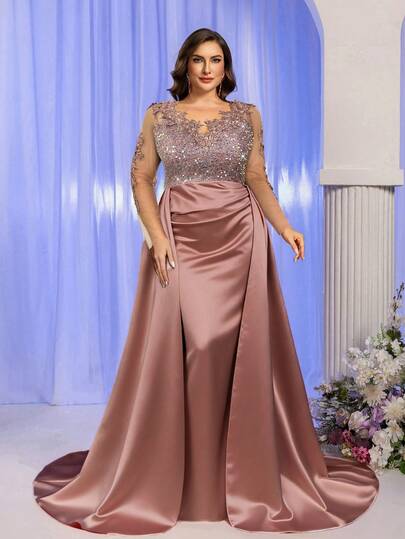 SHEIN Belle Plus Size Elegant Contrast Color Mesh Applique Long Sleeve V-Neck Luxurious Sequin Patchwork Satin High Waist Fishtail Spliced Exaggeration Dress, Suitable For Evening Party, Singles Party, Date, Vacation, Ball, Wedding, Formal Occasion (Heavy-Duty Version), Wedding Gown, Valentine's Day