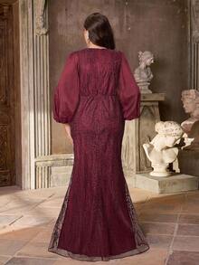 Aureia Plus Size Formal Elegant Evening Burgundy Spring Sequin Embroidered Satin Lantern Sleeve Waist Belt Mermaid Hem Trailing Gown For Party,Prom,Wedding - Burgundy - View 2