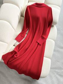 GlowEve Elegant Knitted Textured Red Midi Dress With Metal Button Decor, Sophisticated & Graceful, Autumn/Winter - Red - View 2