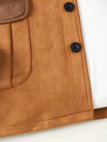 Teen Girl Contrast Color Block Collar Long Sleeve Drop Shoulder Front Button Casual Versatile Jacket - Brown - View 4