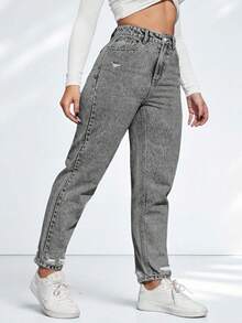 SHEIN CURVE+ Quần jean bó màu xám rách cỡ lớn mùa đông cho nữ, mùa đông - Xám - Xem 4