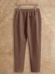 HIMLAND 2pcs Men's Casual Everyday Commute Letter Textured Fabric Knit Short Sleeve T-Shirt And Drawstring Waist Long Pants Set, Spring/Summer/Autumn Brown Set Men Men Matching Set Men S Knitted Set - Brown - View 9