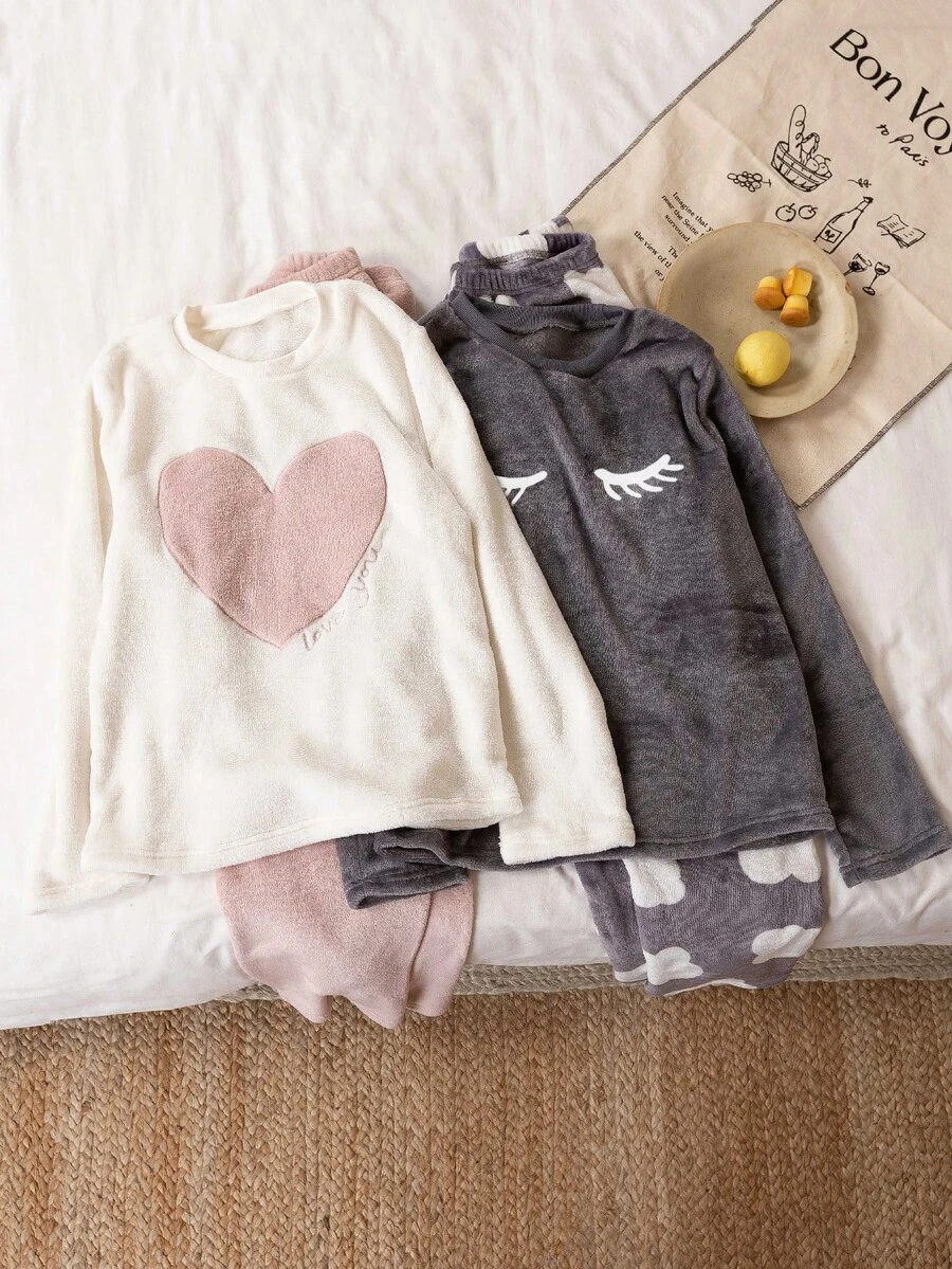 4件套少女简约可爱云朵爱心睫毛印花长袖睡衣套装，舒适家居服 - 彩色 - 查看 1