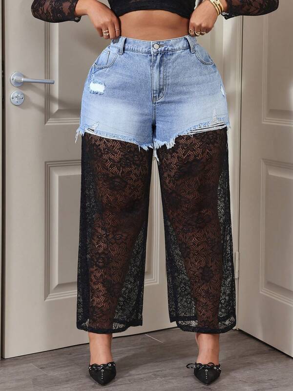 Slaydiva Jeans de moda de pierna ancha con parches, encaje floral y desgastados para mujer de talla grande