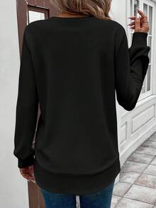 SHEIN LUNE 女式纯色简约圆领长袖运动衫，休闲日常穿着 - 黑色 - 查看 2