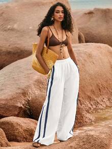 Poéselle Women's Sun Pattern Embroidered Elastic Waist Loose Wide Leg Casual Pants Cotton - Blue and White - View 6