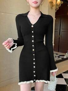 DAZY Vestido de punto con botones y ribete de bloques de color para mujer, otoño/invierno - Negro - Ver 4