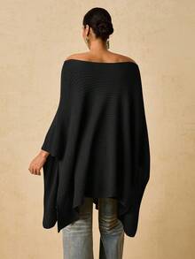 Travachic Lässiger Oversized Off-Shoulder Loser Weißer Poncho Pullover für Damen, Herbst/Winter - Schwarz - Übersicht 2