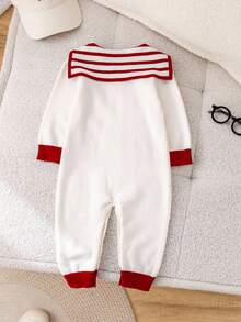 SHEIN Unisex Baby Cute Navy Striped Long Sleeve Sweater Romper, Autumn/Winter - Red - View 2