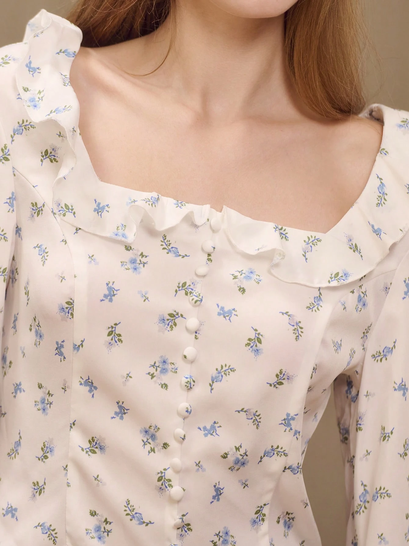 Blue Floral Print Square Neck Button Front Blouse With Ruffle Detail Cute Vintage Style French Style Top Spring Ditsy Floral Square Neck Blouse