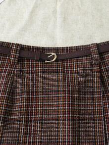 Franclia Plus Size Women Asymmetric Wrap Waist Band Short Skirt, Suitable For Commuting, Autumn/Winter Brown Skirts Skirts With Belt Plaid Skirts Checkered Skirt Women Skirts - Burgundy - View 5