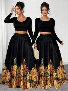 Elenzga Quần và váy cạp cao in họa tiết phong cách Bohemian thời trang thường ngày sang trọng dành cho nữ cỡ lớn, phù hợp cho mùa xuân/hè - Nhiều màu - Xem 1