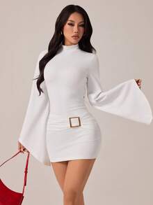 SHEIN PETITE Đầm mini ôm sát cổ đứng đính kim loại, tay loe cho nữ - trắng - Xem 10