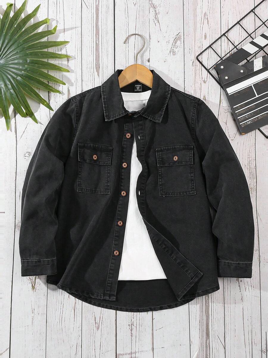 Tween Boy Casual Solid Color Button-Front Denim Shirt, Autumn Boy Jackets For Kids Black Jeans Shirt For Boy Boys Urban Shirt Jean Shirt Kids