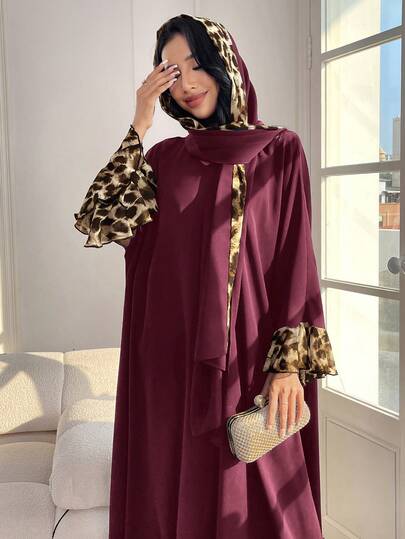 Al Najma Women's Leopard Print Patchwork Long Sleeve Casual Loose Arabic Style Dress With Hijab Scarf, Modest,Elegant, Maxi Length Arabian Dresses
