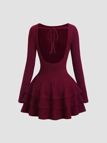 Sweetra Y2K New Lace Patchwork Oblique Shoulder Elegant Commuter Everyday Wear Waist Cinched Ruffle Hem Mini Dress - Burgundy - View 2