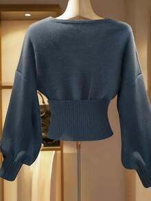 Franclia 女士秋冬时尚优雅薄雾蓝交叉翻领正式时尚落肩长袖灯笼袖纯色金属扣装饰腰部短款针织套头毛衣，圣诞节新年派对毕业典礼 - 藏蓝色 - 查看 2