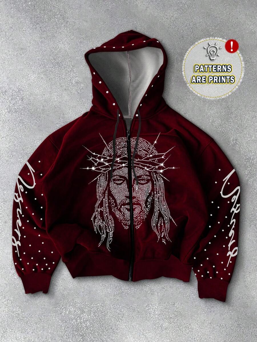 PAVTROS Manfinity Streetrush 男士简约印花水钻装饰时尚长袖运动衫，秋季 - 彩色 - 查看 1