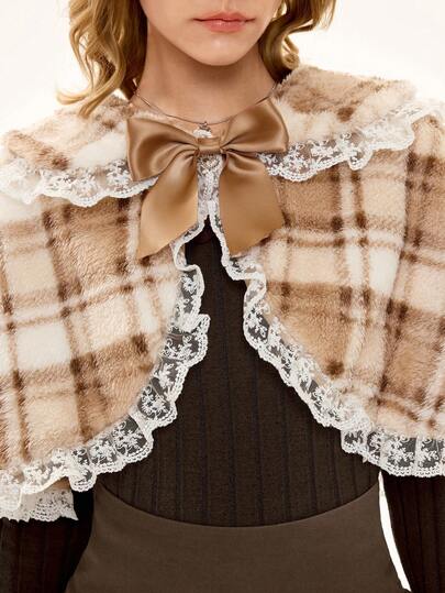 Fairycore Women's Retro Fairycore Lace Patchwork Bow Plaid Fuzzy Fabric Cute Poncho Jacket