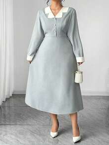 Elenzga Váy dài tay kiểu Pháp thanh lịch cỡ lớn dành cho nữ, thiết kế mới, váy dài tay ôm sát eo cao cấp, màu xanh lá cây nhạt - Màu xanh Bạc hà - Xem 5