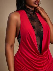 Radiana 大码女装秋冬春夏优雅华丽性感基础款浪漫蕾丝拼接垂褶领修身连衣裙，时尚日常派对礼服，适合舞会、晚宴、邮轮旅行、情人节、音乐节、演唱会等场合。 - 彩色 - 查看 4