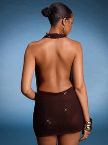 Normani Halter Cowl Neck Mesh Rhinestone Mini Dress Summer Vacation Festival Outfit Y2k Sexy Club Ibiza H1248 Holiday Beach Night Out Date Night, Night Out, Birthday, Grunge Halloween Fall Winter - Brown - View 6