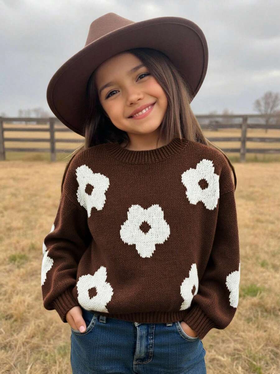SHEIN Emery Rose Kids Young Girl Ditsy Floral Casual Sweater In Fall/Winter - Brown - View 1