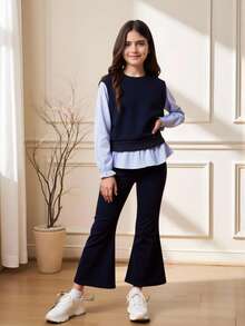SHEIN Áo len tay dài phong cách Hàn Quốc cho bé gái, áo sơ mi dễ thương, bộ áo vest 2 trong 1 và quần ống loe thường ngày mới cho mùa xuân/thu - Nhiều màu - Xem 3