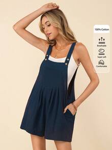 Coeurva Women's Solid Color Pleated Pocket Loose Casual Romper