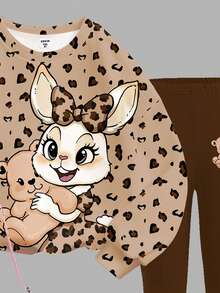 SHEIN Leap Crew Back-To-School Brown Autumn Cute School Tween Girl Leopard Print Cartoon Rabbit Loose Sweatshirt And Fitted Flare Leg Pants 2 Pieces Collegiate Set - Multicolor - View 4