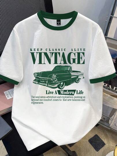 Manfinity Joysei Standard Size Men's Green Sleeve Contrast Slogan & Car Graphic Round Neck Casual T-Shirt
