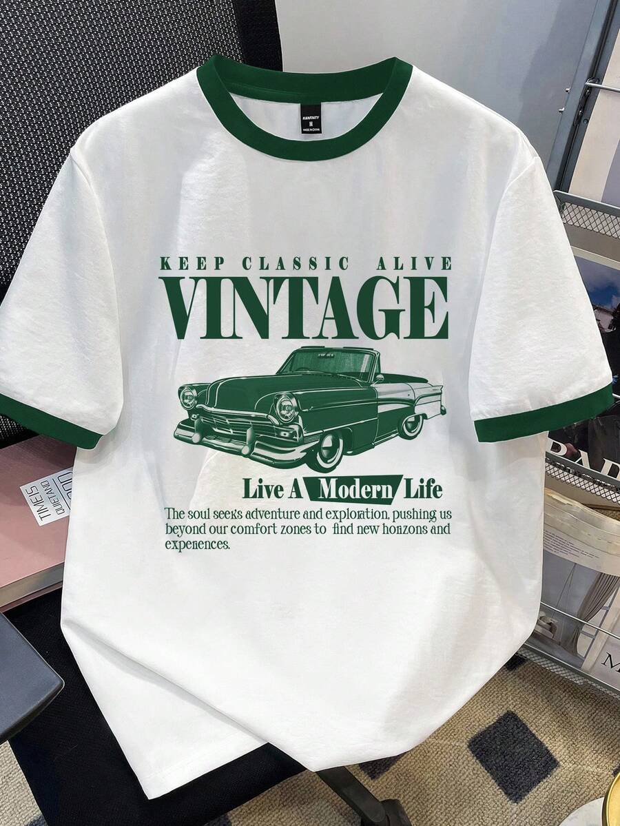 Manfinity Joysei Standard Size Men's Green Sleeve Contrast Slogan & Car Graphic Round Neck Casual T-Shirt