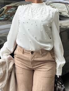 NegzBox 女士优雅浪漫珍珠装饰褶皱长袖白色衬衫，正式办公室/通勤，长袖上衣 - 白色 - 查看 4